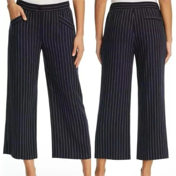 Eileen Fisher Indigo Pinstripe Crop Pants Large Wide Leg Tencel Blend Navy White - Picture 2 of 8